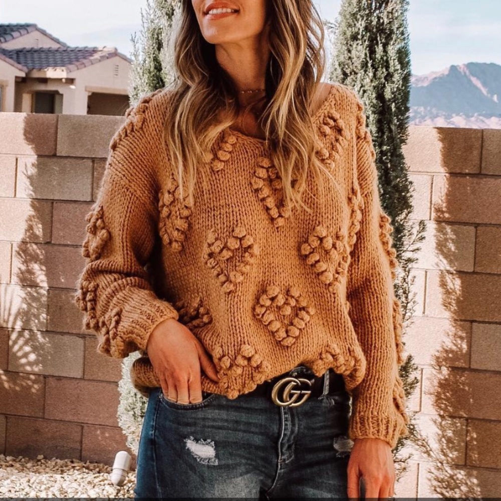 Pom Pom Heart Hand Knit Sweater S-M